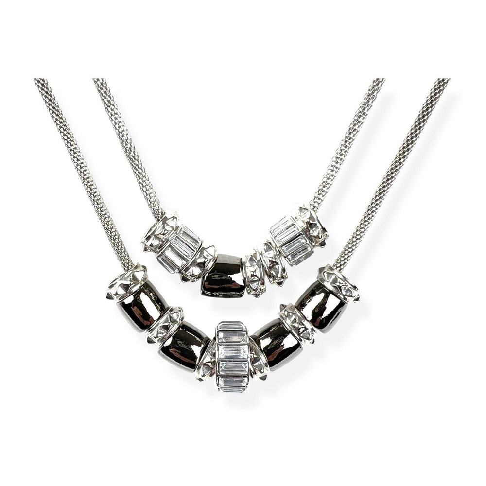 Double Strand Necklace Faux Hematite Slider Beads Rhinestone Baguettes Fashion